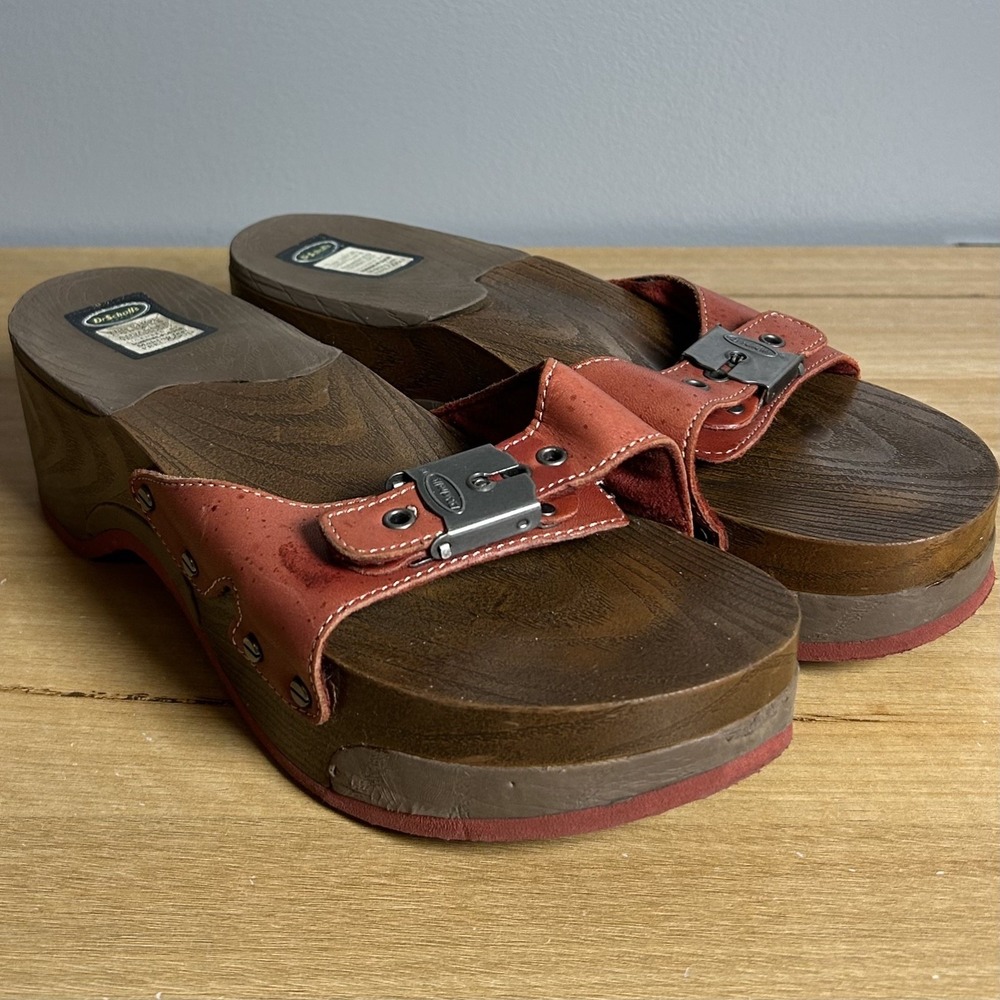 Dr. Scholl's Vintage Y2K 2000s Brick Red Leather Wedge Buckle Slide Sandals